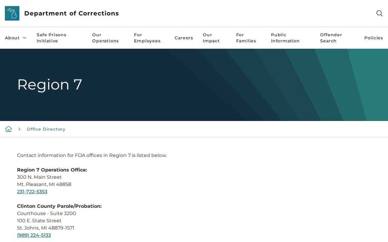 MDOC Region 7 Eaton County parole and probation office directory